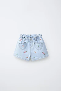 EMBROIDERED FLORAL DENIM PAPERBAG SHORTS