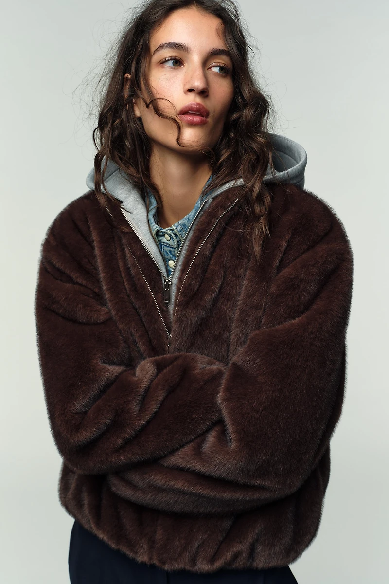 FAUX FUR COMBINATION BOMBER JACKET