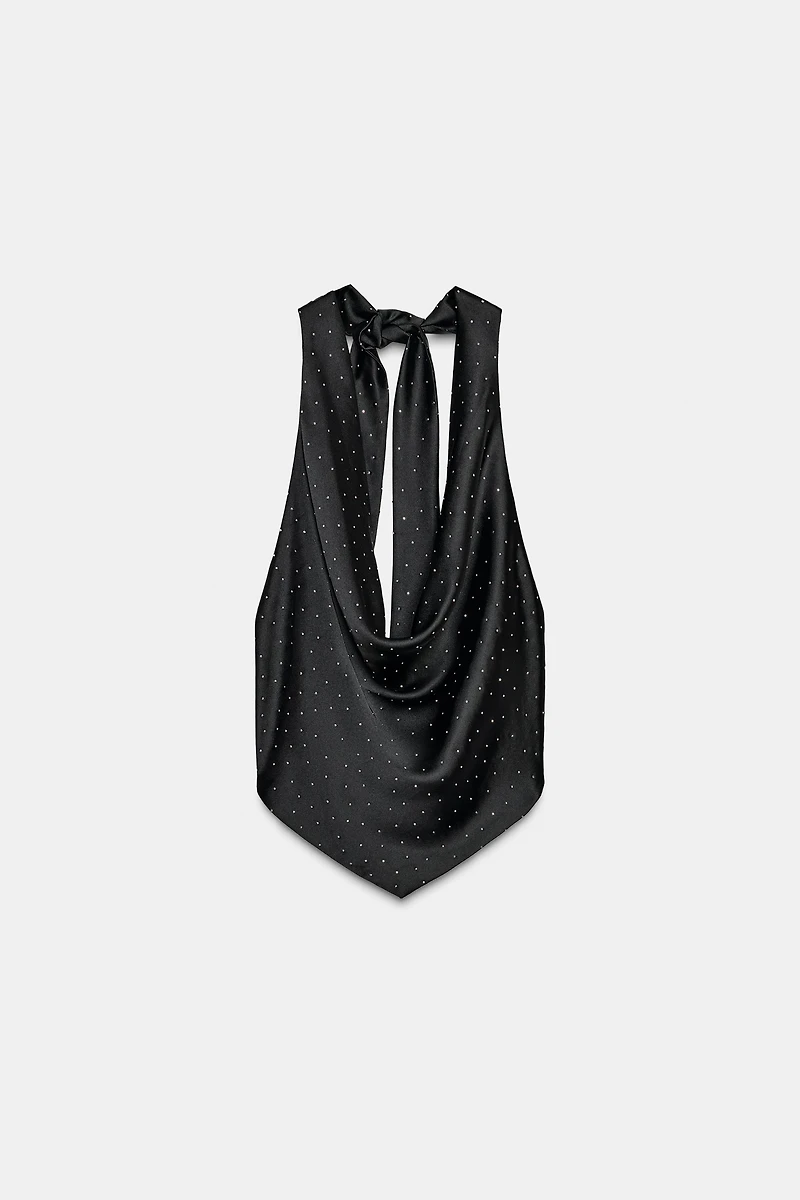 RHINESTONE SATIN EFFECT HALTER TOP