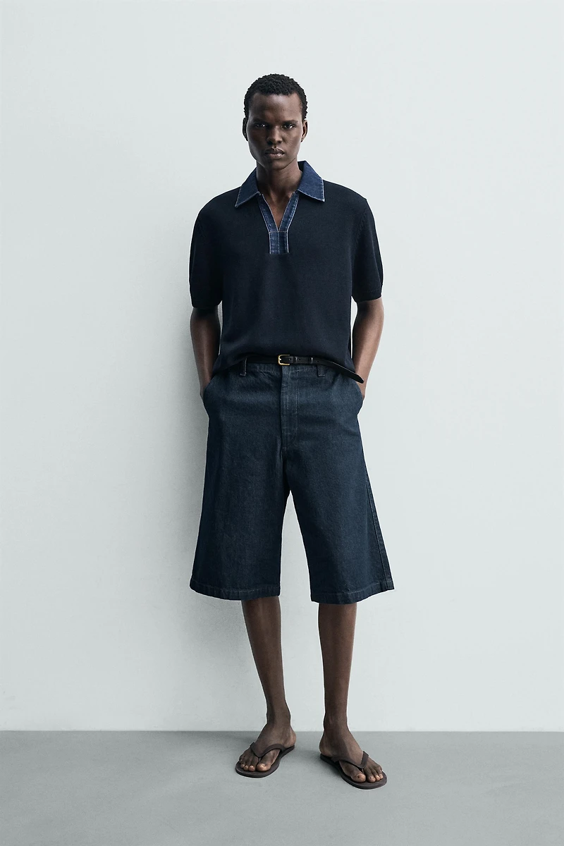 COMBINATION DENIM COLLAR KNIT POLO