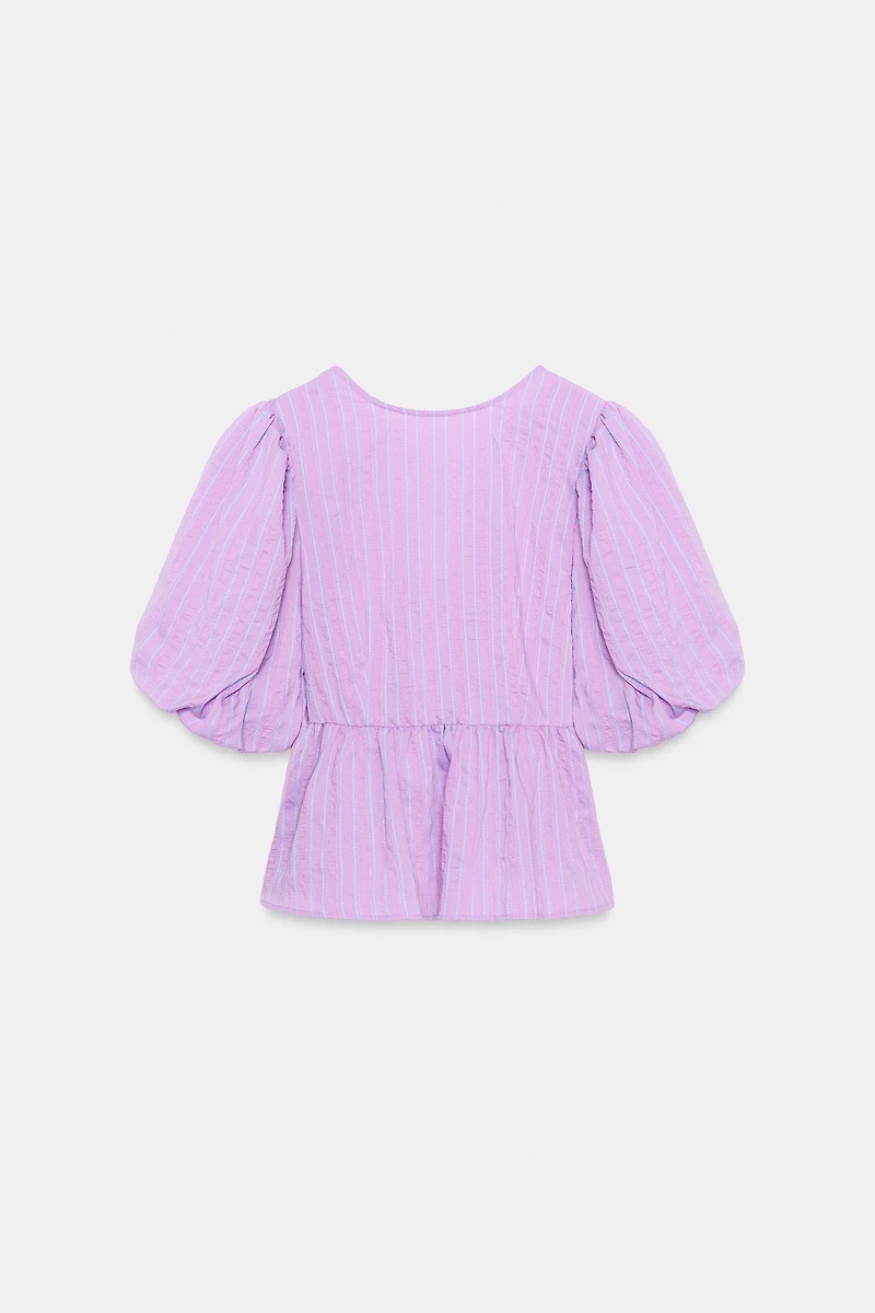STRIPED PUFF SLEEVE TIE BLOUSE
