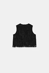 STUDDED FAUX SUEDE FRINGE TOP