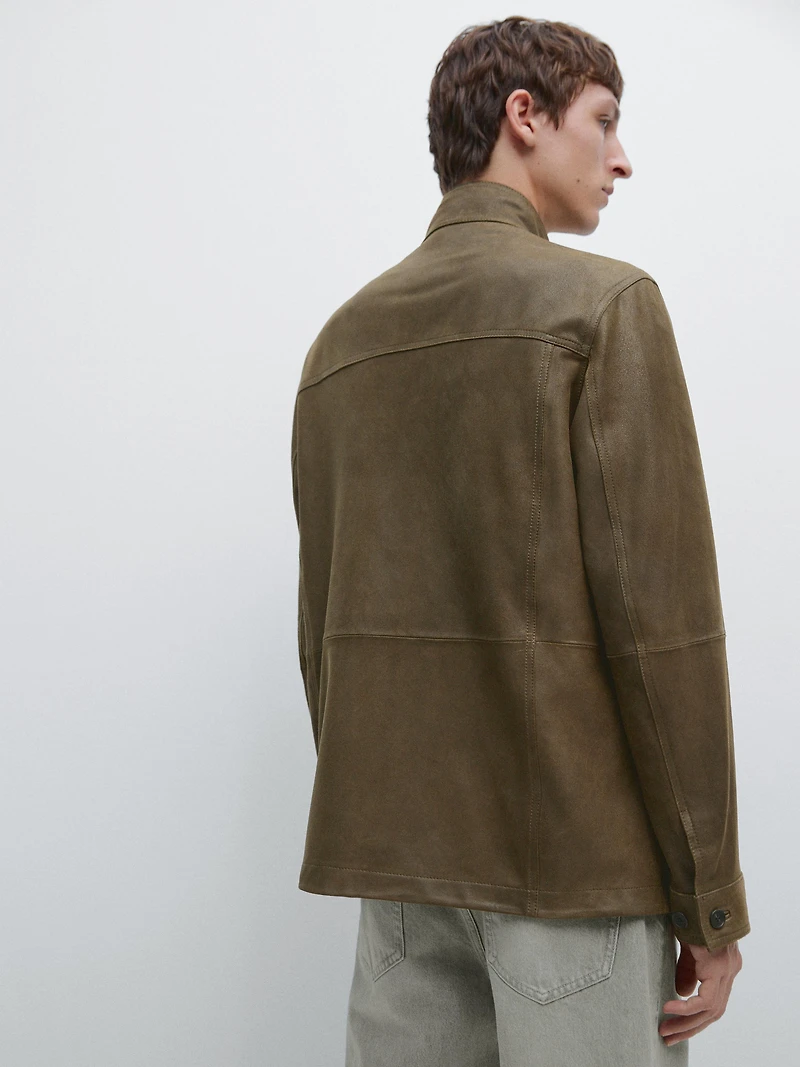 Distressed-effect goatskin leather jacket