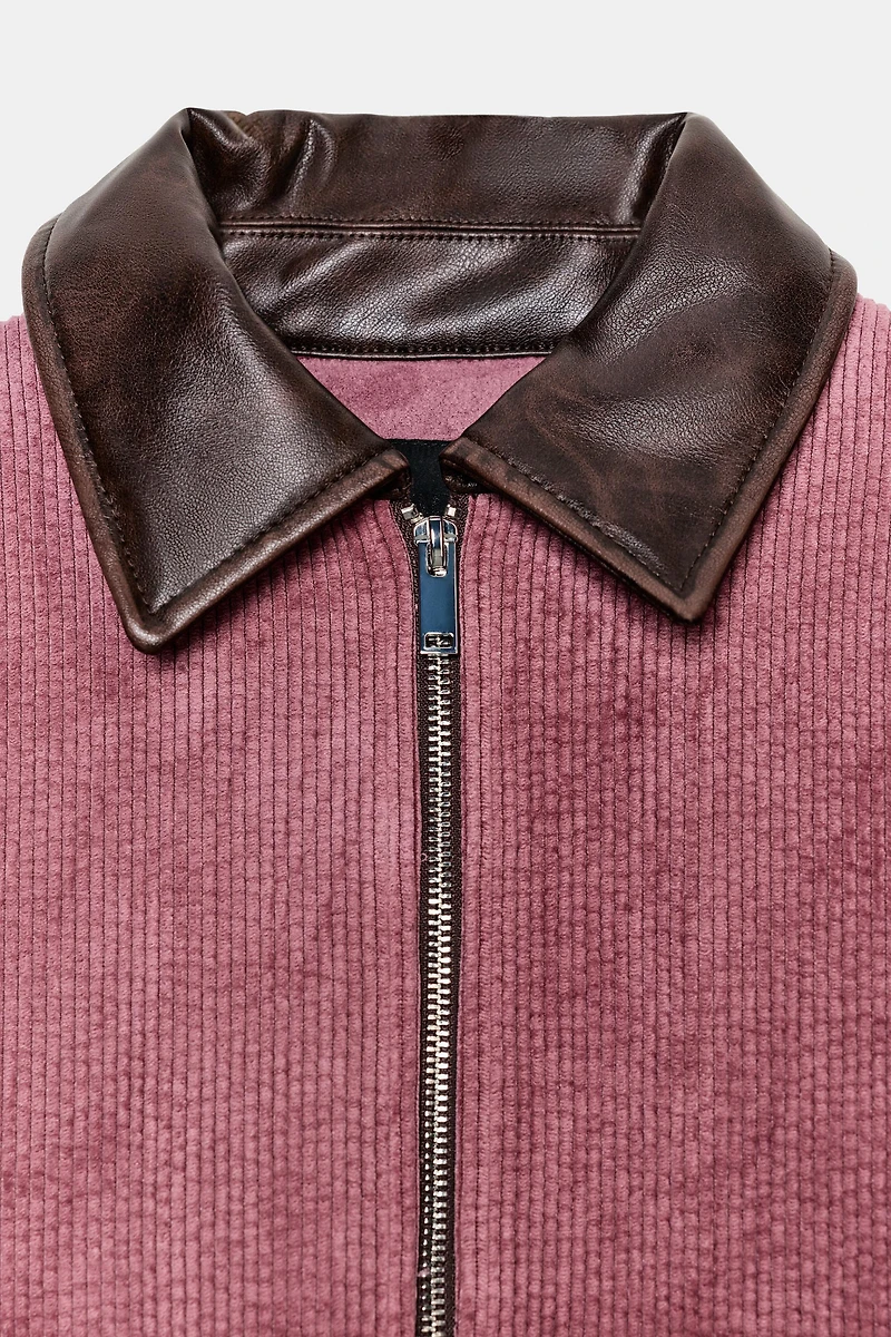 CORDUROY JACKET WITH FAUX LEATHER COLLAR