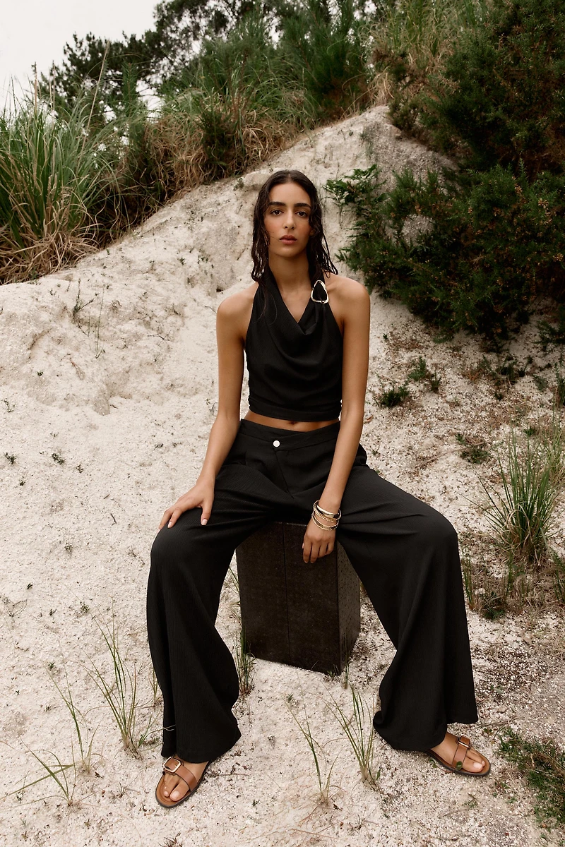 CROSS WAIST WIDE LEG PANTS