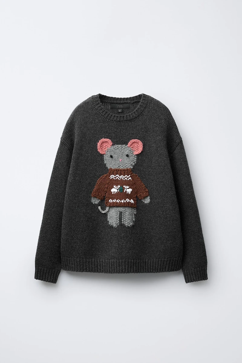 AGES 7-12/ WOOL BLEND KNIT JUMPER WITH EMBROIDERED MOUSE