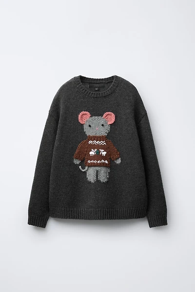 AGES 7-12/ WOOL BLEND KNIT JUMPER WITH EMBROIDERED MOUSE