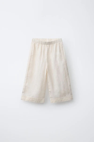 100% LINEN CULOTTE PANTS WITH LACE TRIM