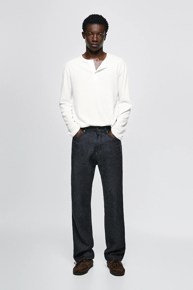 Straight-leg linen denim-effect pants