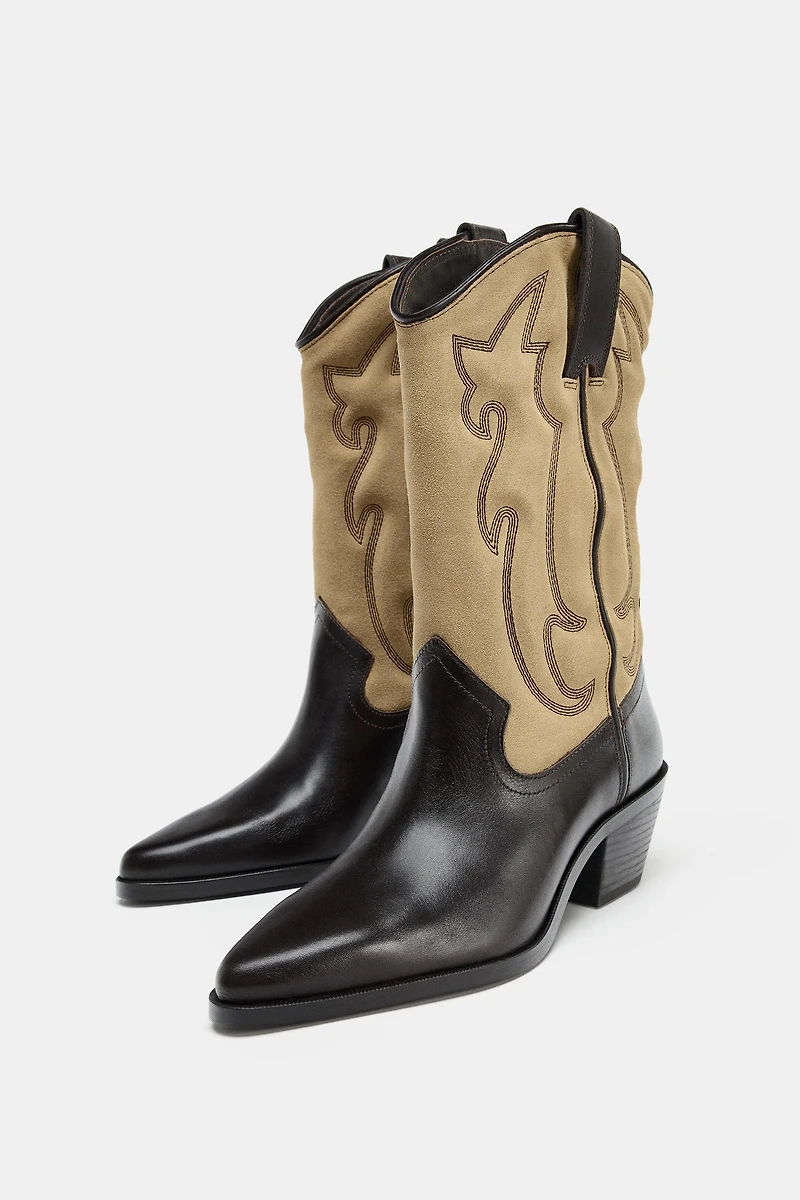 EMBROIDERED COMBINED LEATHER BOOTS