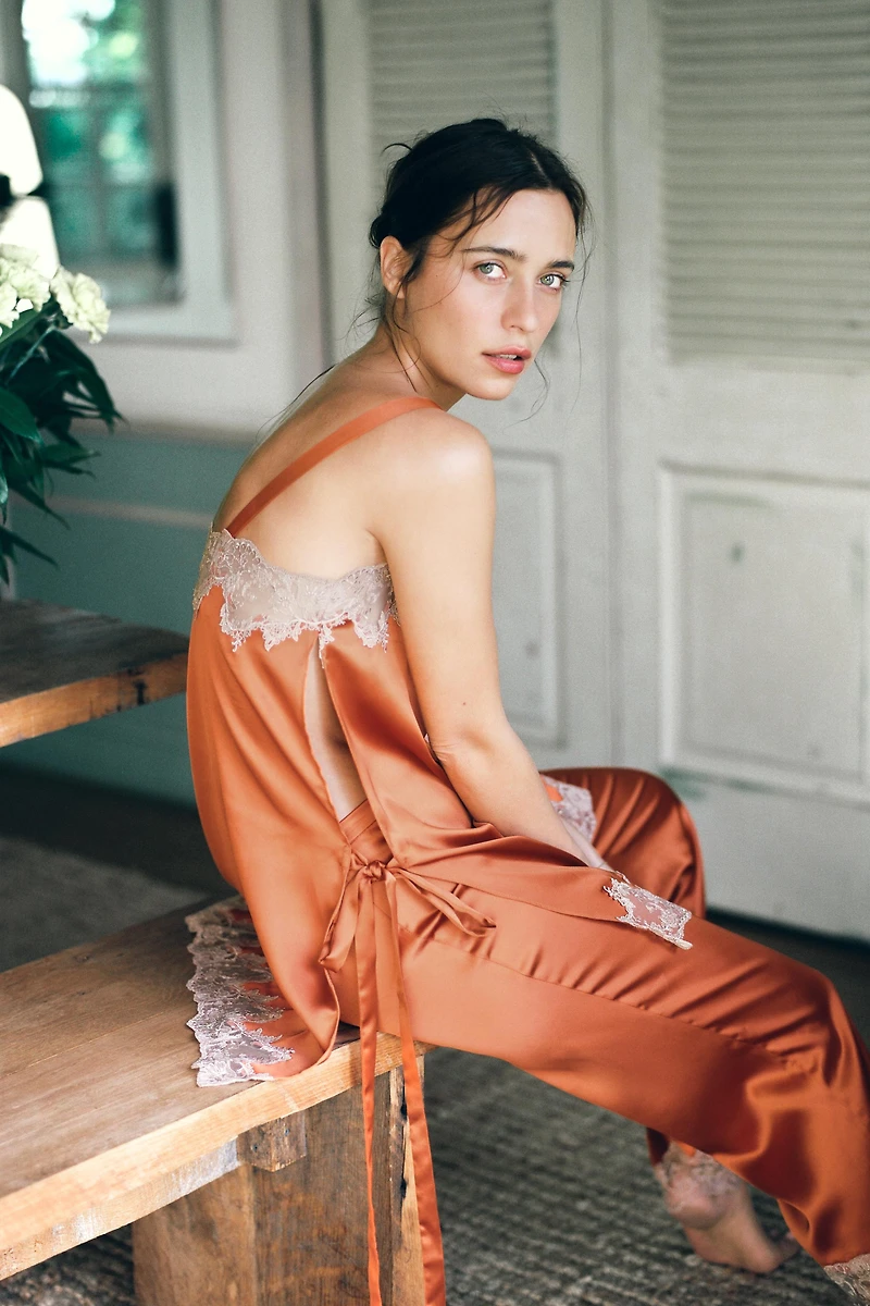 SATIN EFFECT EMBROIDERED PANTS