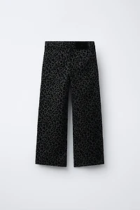FLOCKED ANIMAL PRINT WIDE LEG JEANS