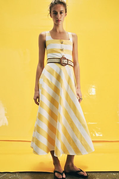 STRIPED BELTED MIDI DRESS