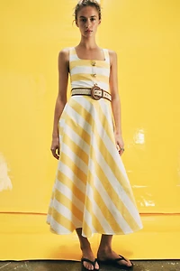 STRIPED BELTED MIDI DRESS