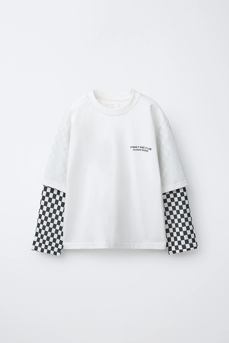 ENSEMBLE T-SHIRT DOUBLE MANCHE ET SHORT À CARREAUX DAMIER