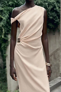 ASYMMETRIC LINEN-BLEND MIDI DRESS WITH APPLIQUÉ