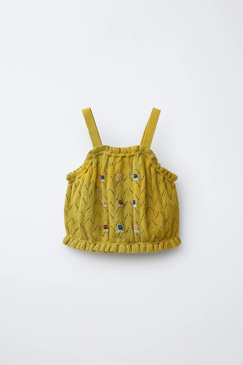 COTTON LINEN EMBROIDERED KNIT TOP