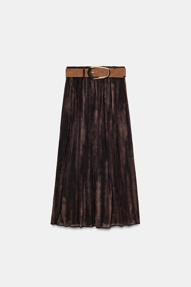 FADED PRINT BELTED MIDI SKIRT