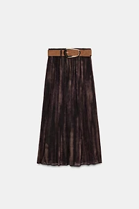 FADED PRINT BELTED MIDI SKIRT