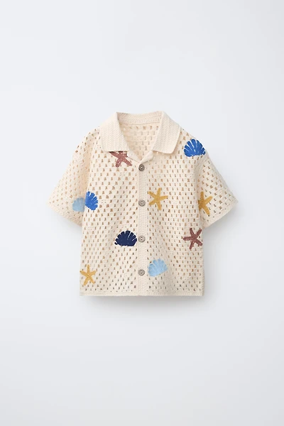 MARINE MOTIF CROCHET KNIT SHIRT