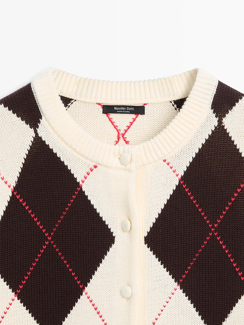 Cotton argyle knit cardigan