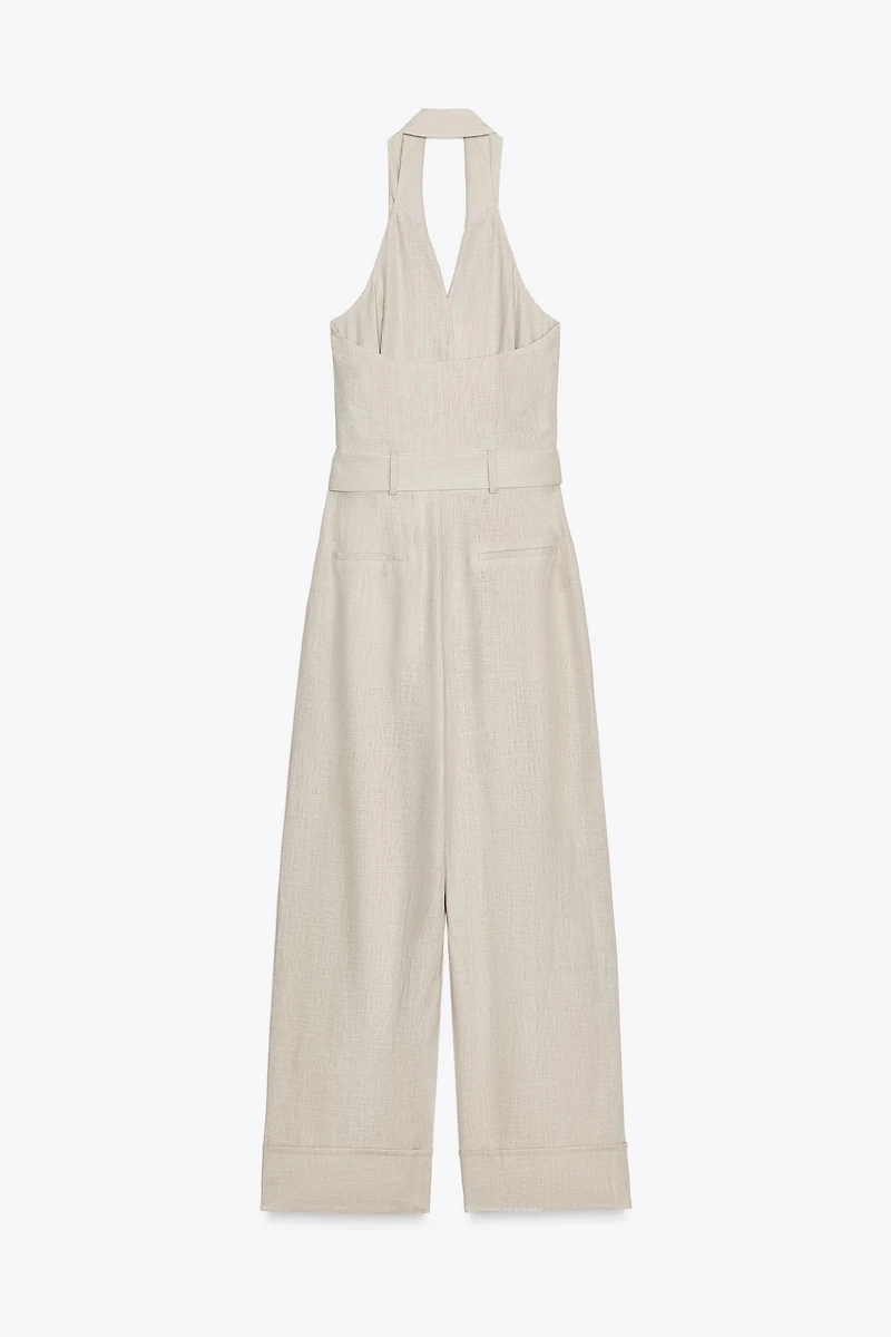 HALTER LINEN BELTED JUMPSUIT
