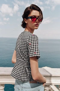 CHERRY EMBROIDERED GINGHAM TOP