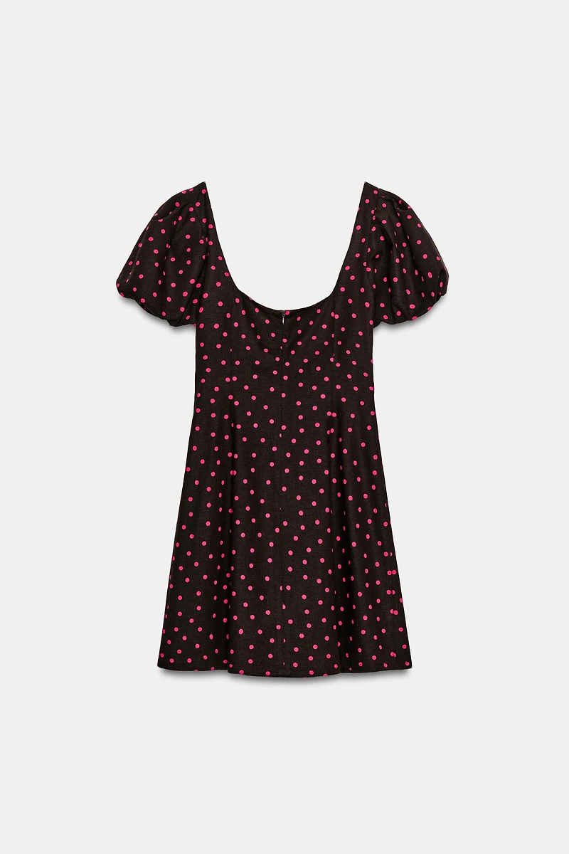 LINEN BLEND BALLOON SLEEVE POLKA DOT DRESS