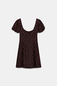 LINEN BLEND BALLOON SLEEVE POLKA DOT DRESS