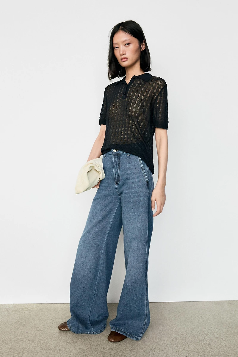 Open-knit polo sweater