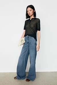 Open-knit polo sweater