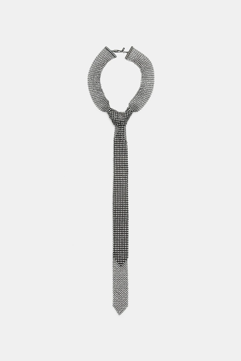 METALLIC RHINESTONE TIE NECKLACE