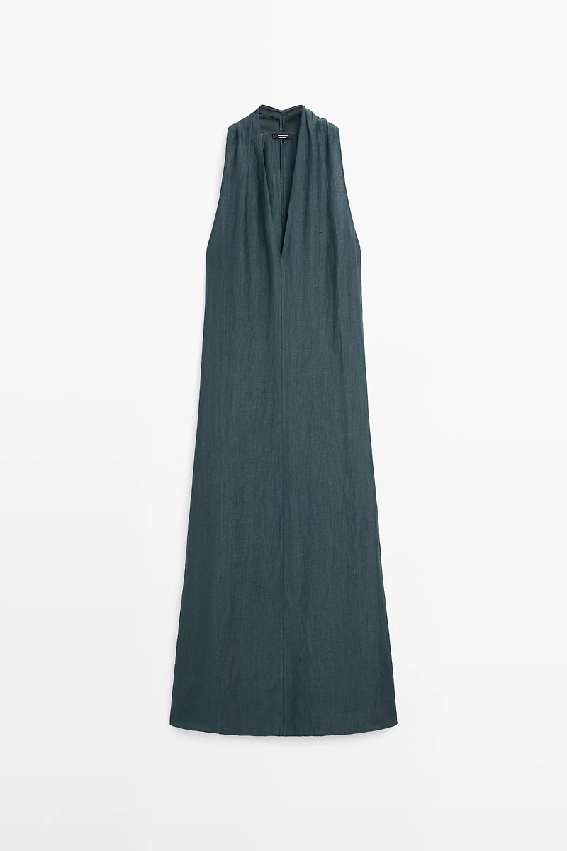 Linen blend midi dress with V-neckline