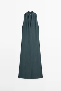 Linen blend midi dress with V-neckline