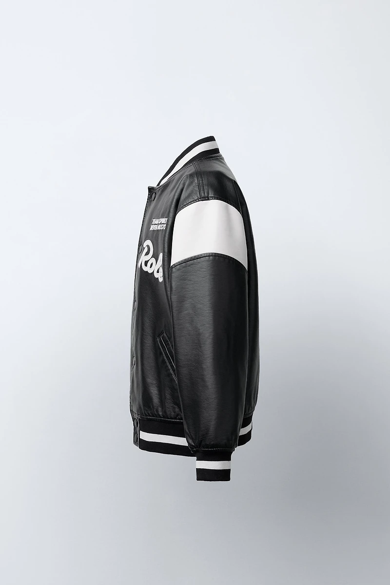FAUX LEATHER BOMBER JACKET WITH EMBROIDERED TEXT