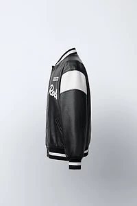 FAUX LEATHER BOMBER JACKET WITH EMBROIDERED TEXT