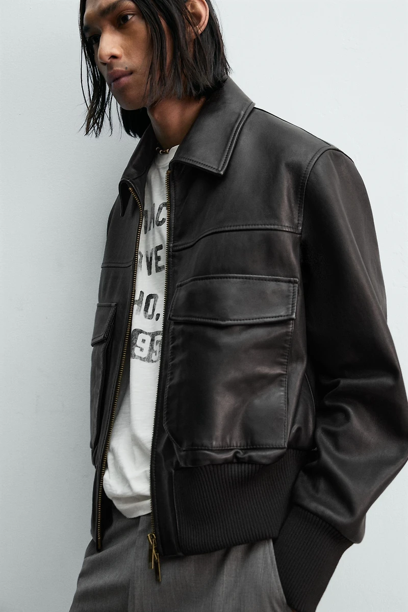 BLOUSON COURT EN CUIR NAPPÉ