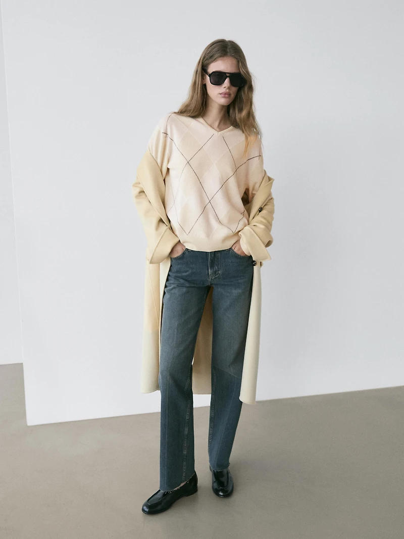 Wool argyle knit sweater