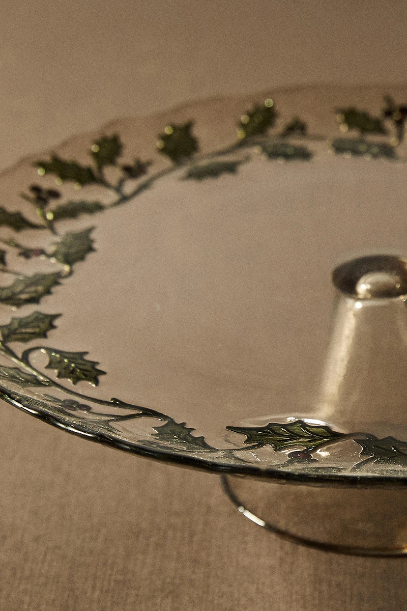 CHRISTMAS HOLLY LEAF GLASS CAKE DISH