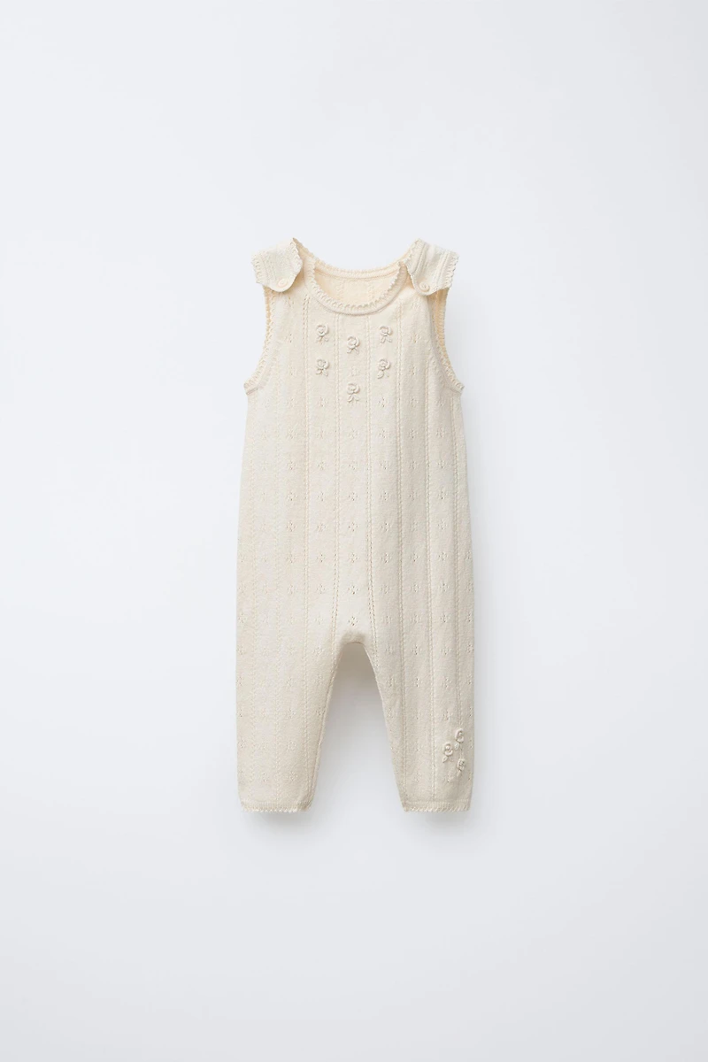OPENWORK AND EMBROIDERED KNIT OVERALLS