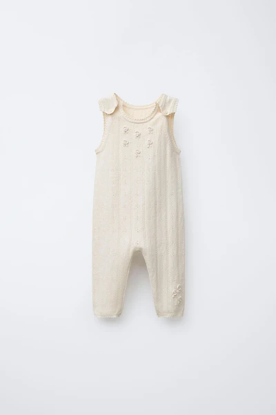OPENWORK AND EMBROIDERED KNIT OVERALLS