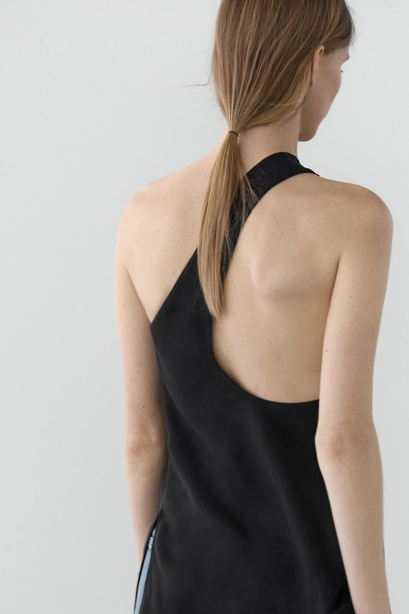 Asymmetric linen blend top with back detail