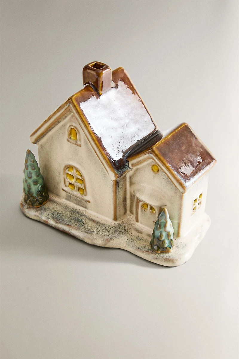 LIGHT-UP PORCELAIN HOUSE WITH PINE TREES CHRISTMAS ORNAMENT