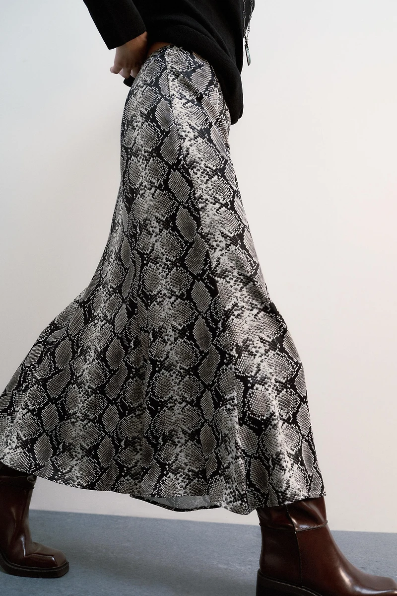ANIMAL PRINT SATIN MIDI SKIRT