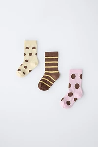 THREE-PACK OF LONG STRIPED AND POLKA DOT SOCKS