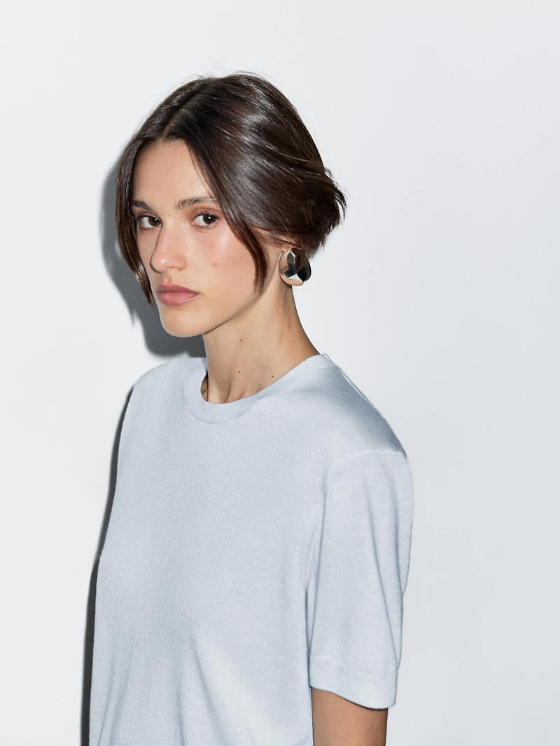 Short-sleeve wool blend knit sweater
