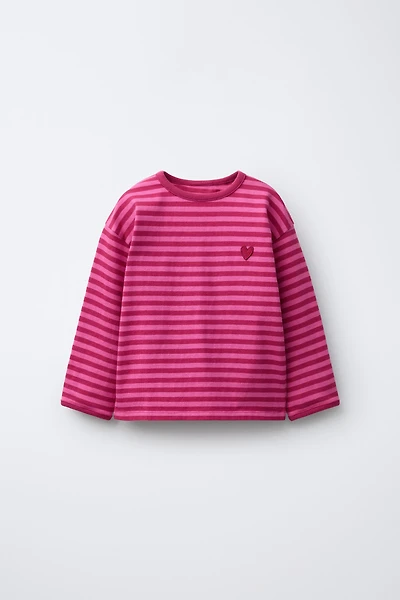 EMBROIDERED HEART STRIPED T-SHIRT