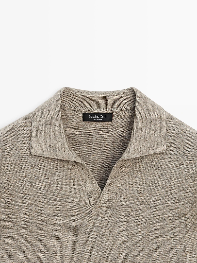 Cotton blend knit polo collar sweater