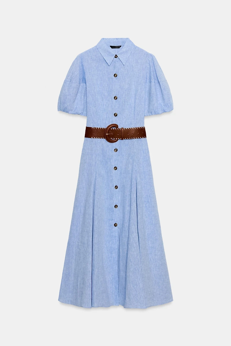 ROBE MI-LONGUE AVEC CEINTURE EN LIN