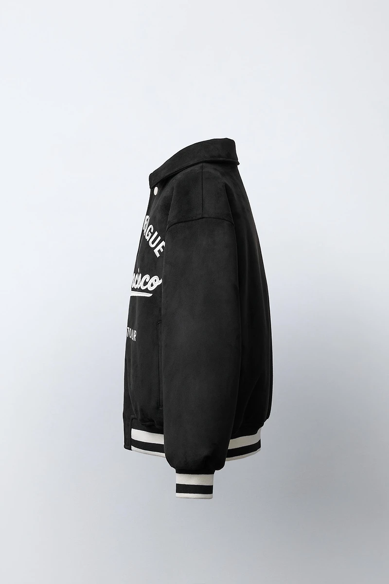 EMBROIDERED TEXT FAUX SUEDE BOMBER JACKET